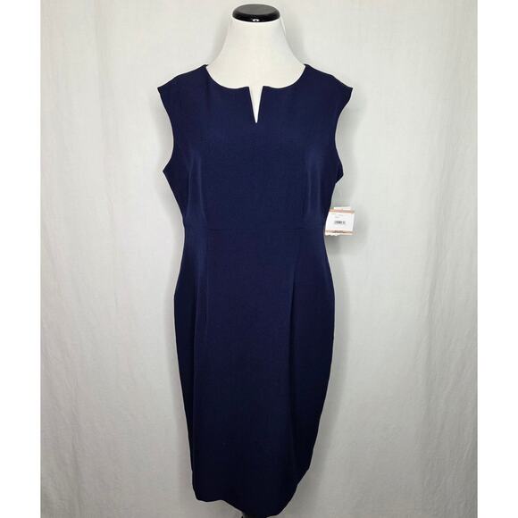 Kasper Petite Notched-Neck Sheath Dress Career Business Navy Blue NWT Size 12P - Picture 2 of 10